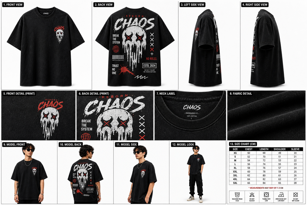 Reborn Chaos Oversized T-Shirt – No Rules Skull Graphic Tee