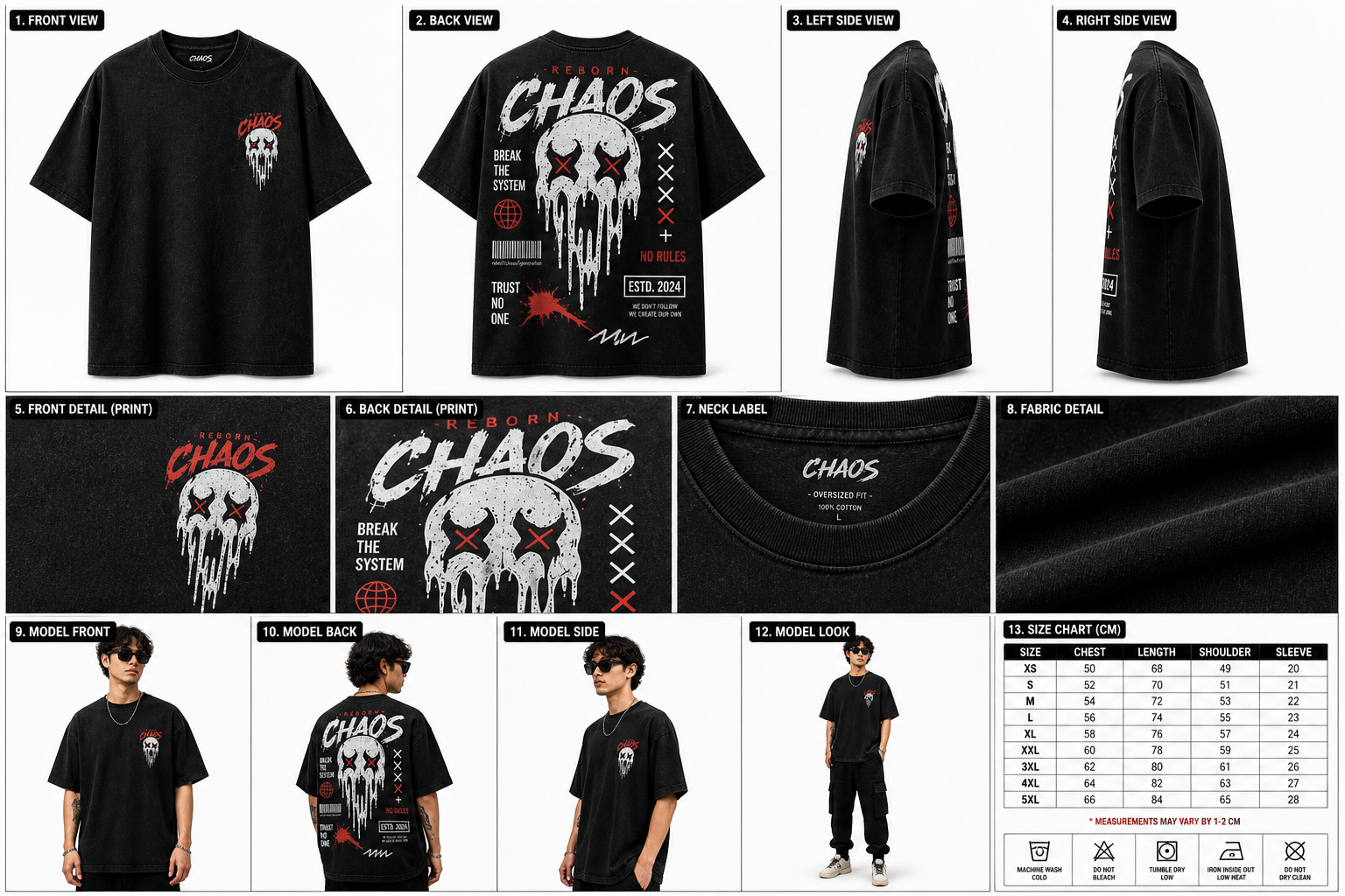 Reborn Chaos Oversized T-Shirt – No Rules Skull Graphic Tee