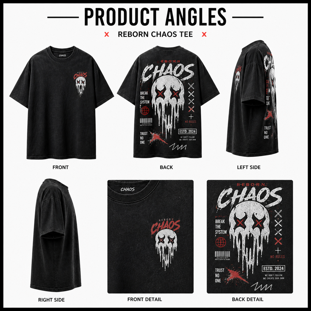 Reborn Chaos Oversized T-Shirt – No Rules Skull Graphic Tee