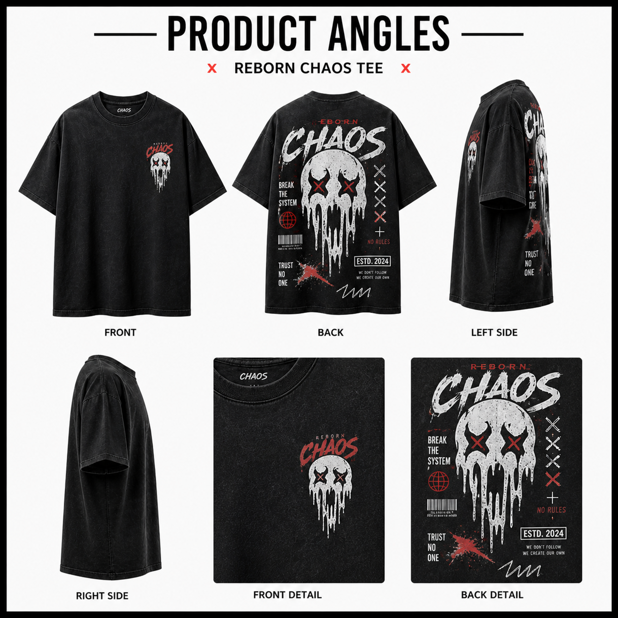 Reborn Chaos Oversized T-Shirt – No Rules Skull Graphic Tee