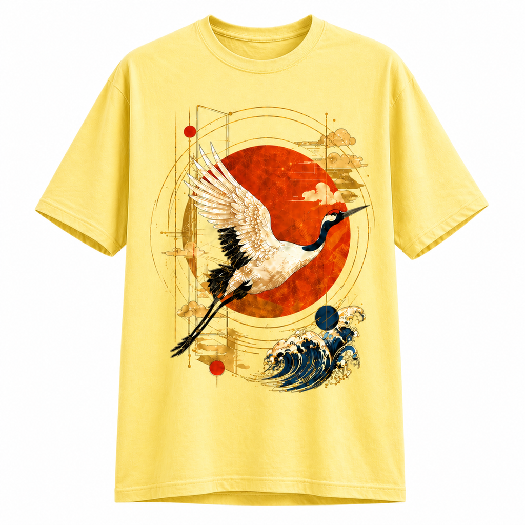 Japanese Crane T-Shirt – Red Sun Wave Graphic Tee | Aesthetic Streetwear Unisex Shirt