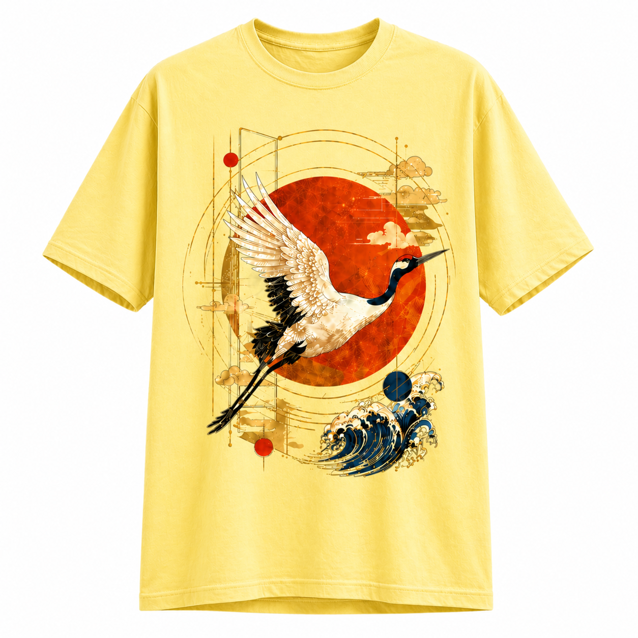 Japanese Crane T-Shirt – Red Sun Wave Graphic Tee | Aesthetic Streetwear Unisex Shirt