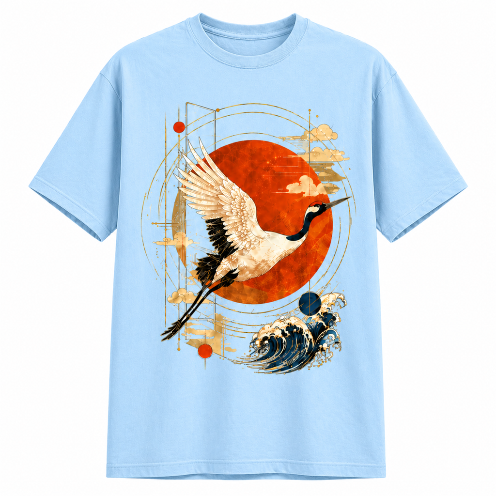 Japanese Crane T-Shirt – Red Sun Wave Graphic Tee | Aesthetic Streetwear Unisex Shirt