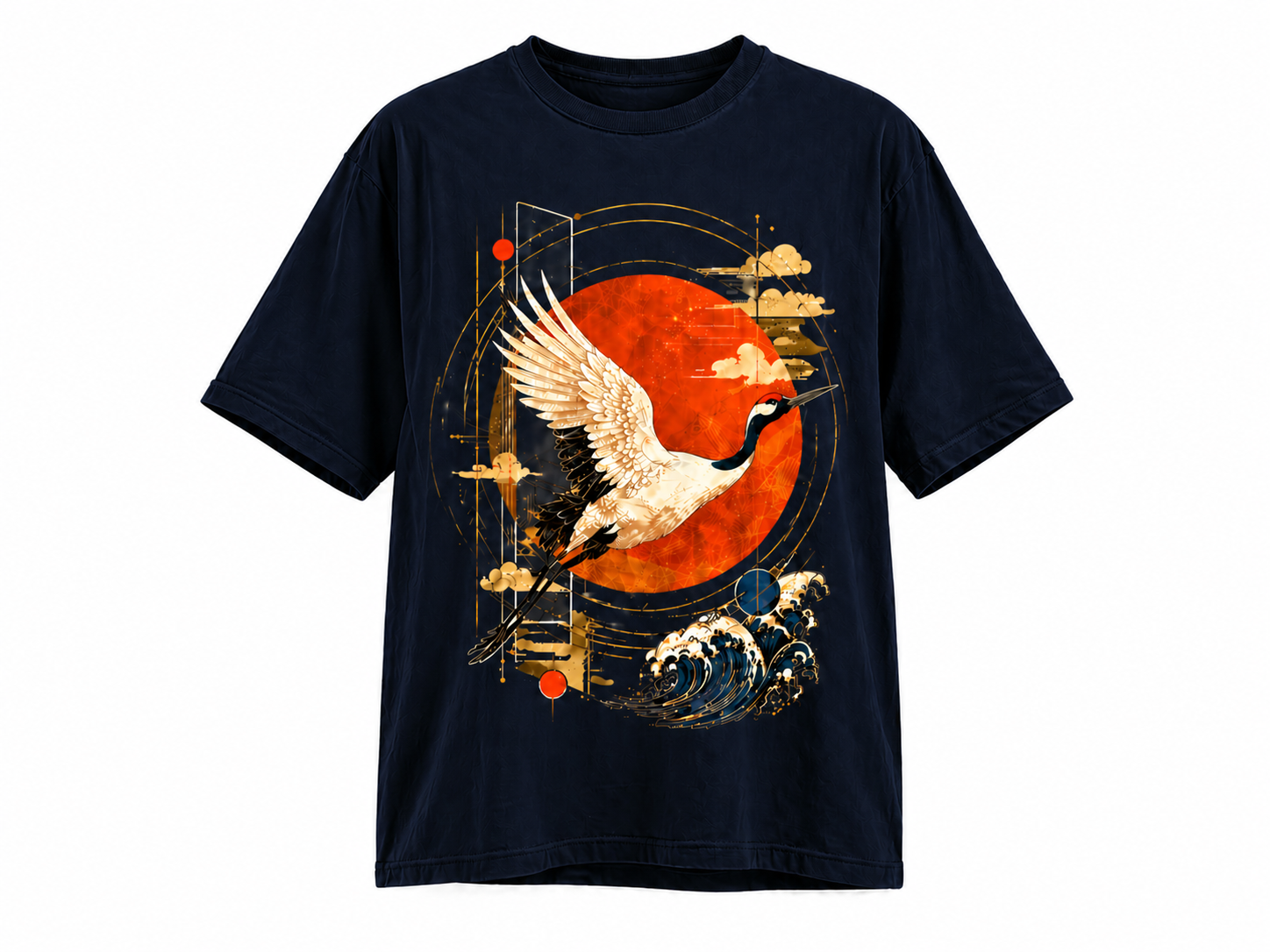 Japanese Crane T-Shirt – Red Sun Wave Graphic Tee | Aesthetic Streetwear Unisex Shirt