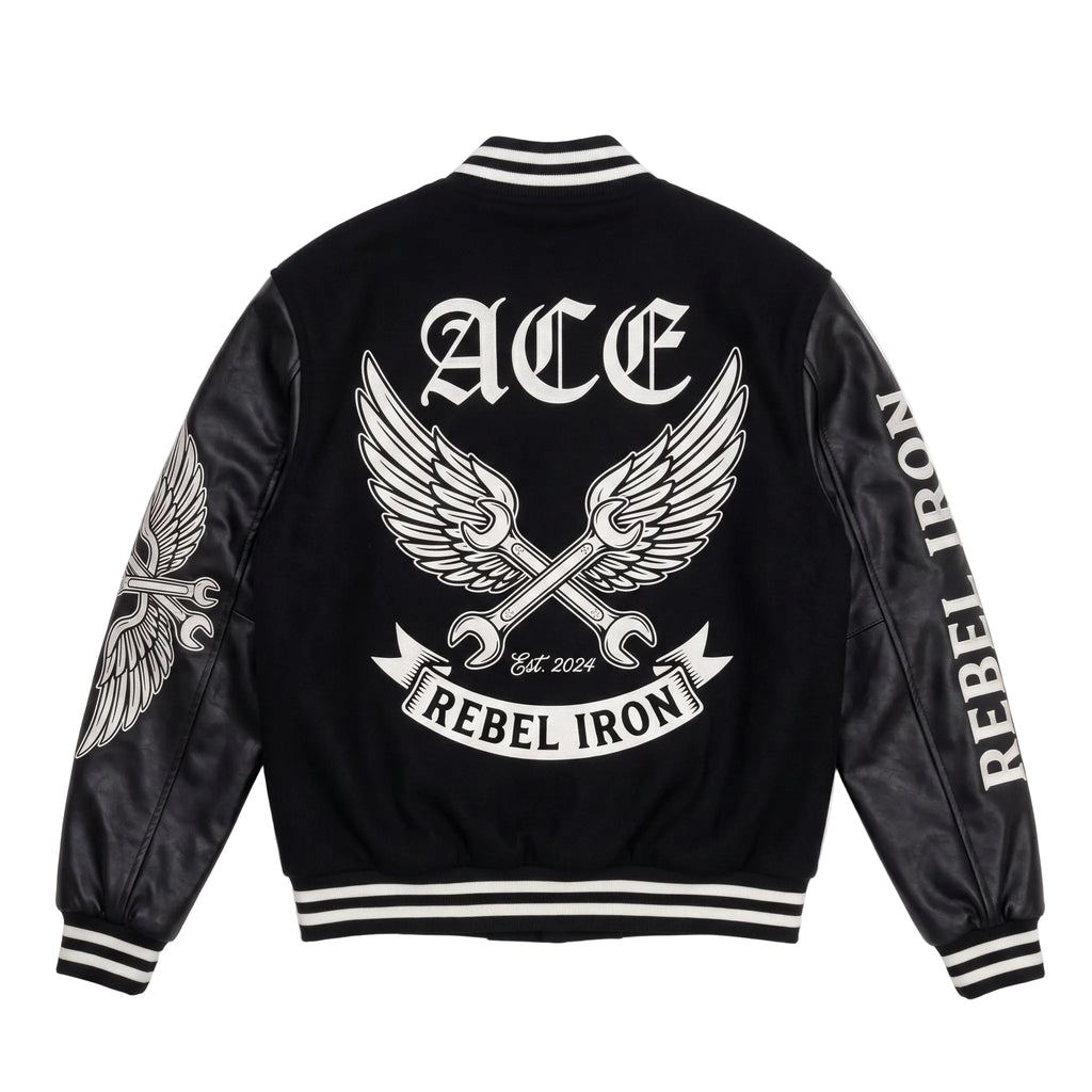 ACE "Rebel Iron" Custom Varsity Jacket – Premium Black Wool & Faux Leather Biker Bomber