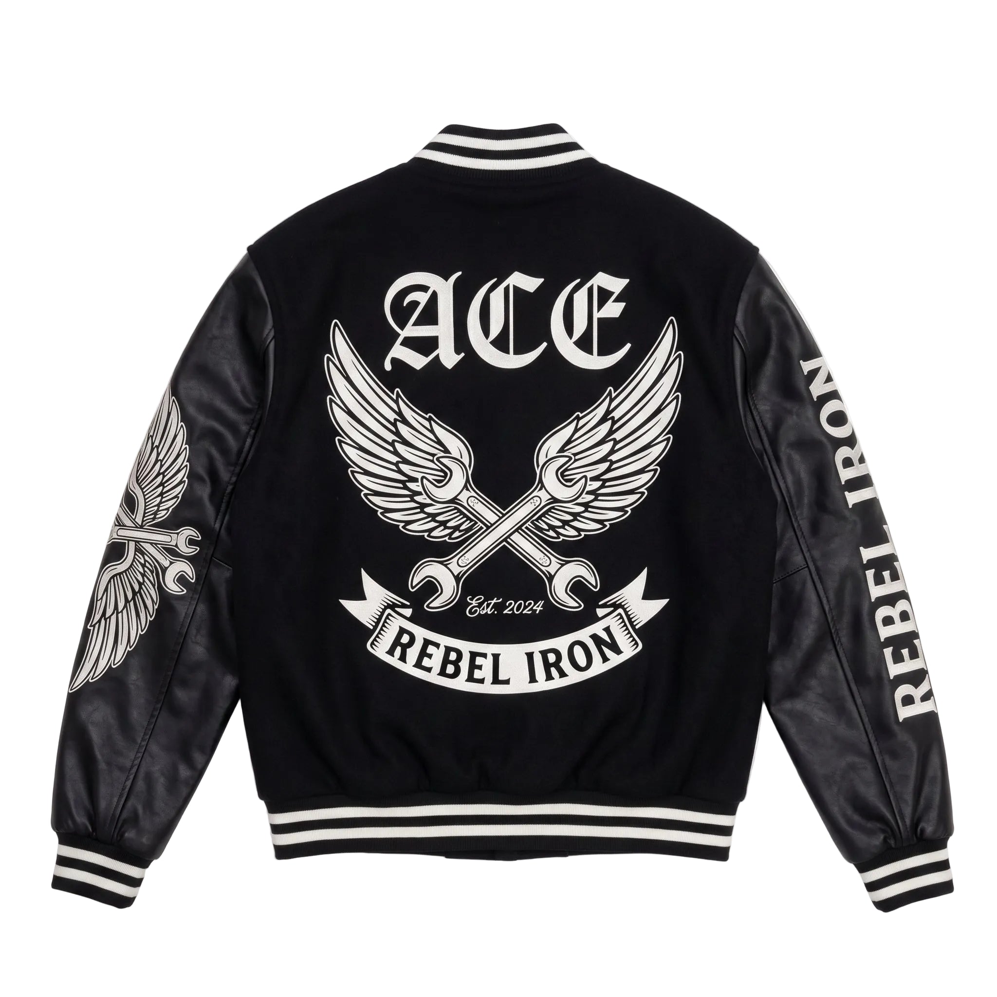 ACE "Rebel Iron" Custom Varsity Jacket – Premium Black Wool & Faux Leather Biker Bomber