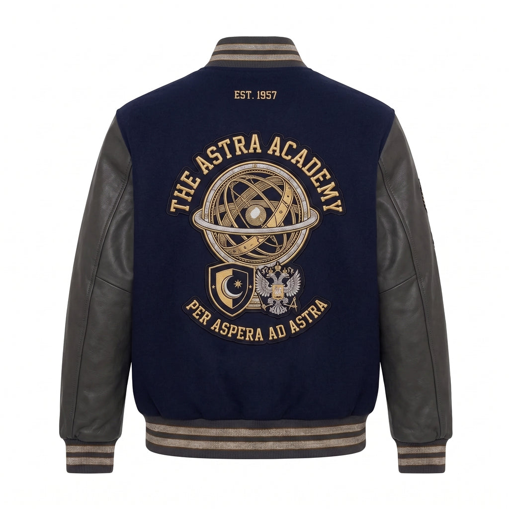 The Astra Academy "Cosmonautics" Varsity Jacket – Premium Navy Wool & Leather Space Bomber