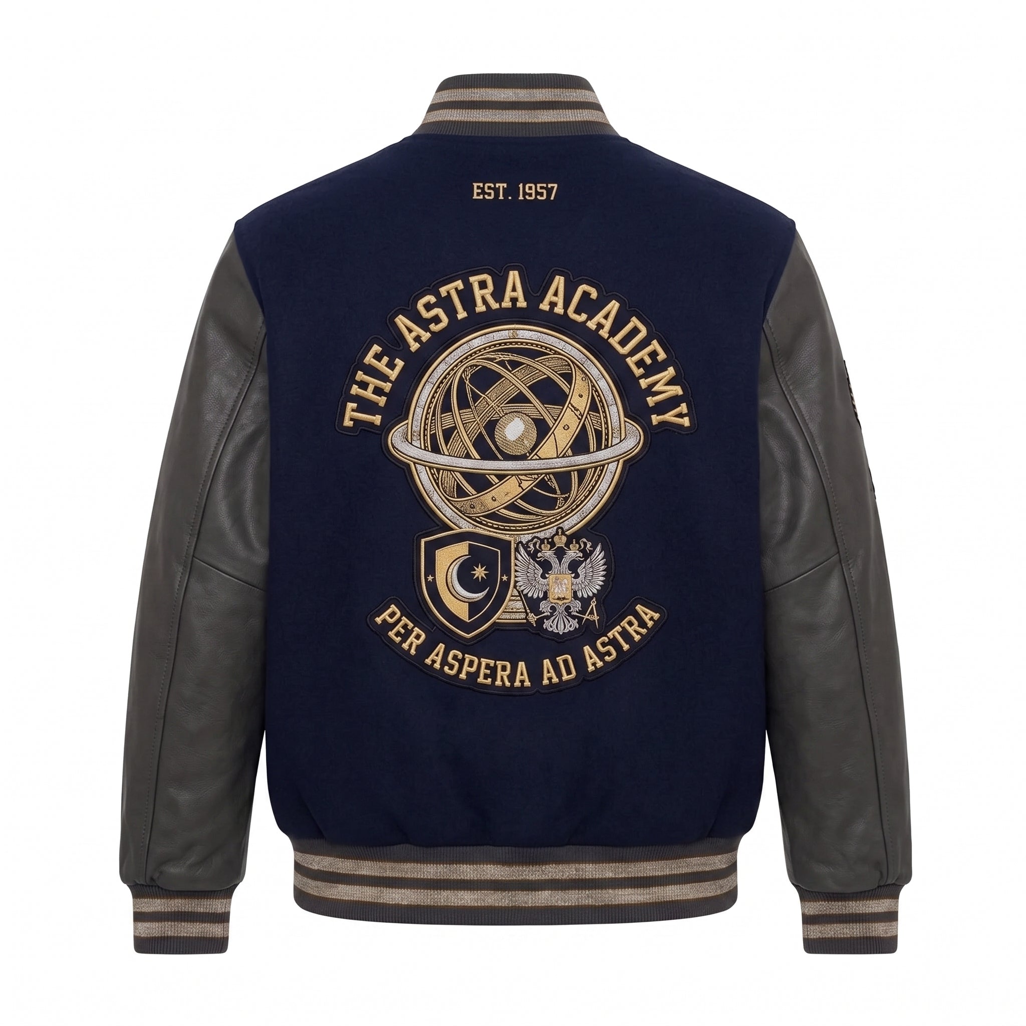 The Astra Academy "Cosmonautics" Varsity Jacket – Premium Navy Wool & Leather Space Bomber