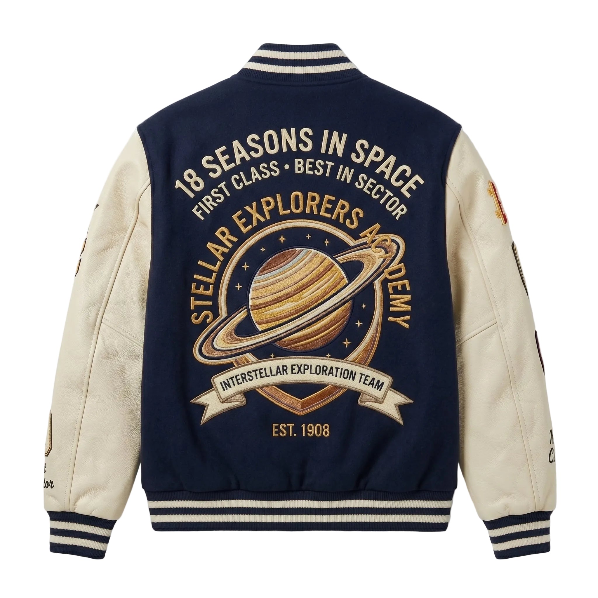 Stellar Explorers Academy Varsity Jacket - Premium Navy Wool & Cream Leather Letterman Jacket