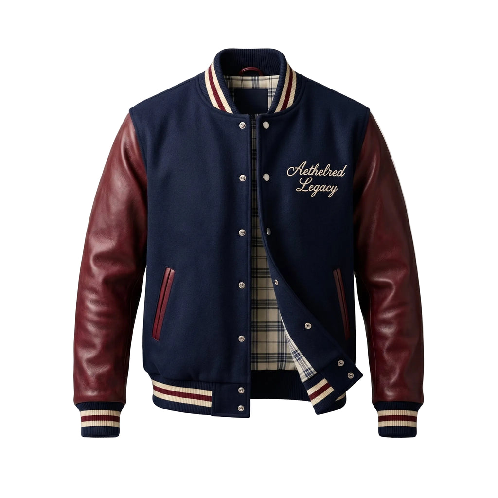 Aethelred Legacy Premium Varsity Jacket - Navy Wool & Burgundy Leather