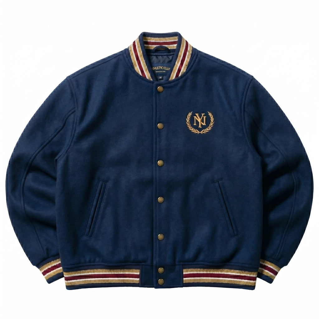 ASC New York Metropolitan Athletic Club Varsity Jacket Navy Blue Wool Bomber Coat