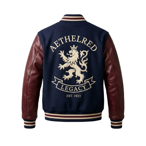 Aethelred Legacy Premium Varsity Jacket - Navy Wool & Burgundy Leather