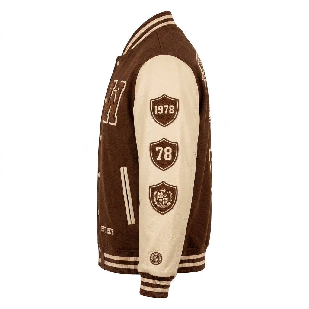 Grace Varsity Jacket - Premium Chocolate Brown Wool & Cream Leather Letterman Jacket