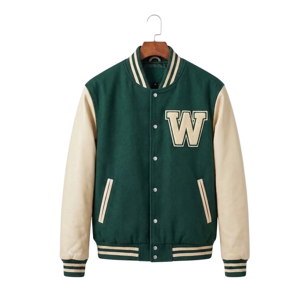 Green Varsity Jacket Wool Body Leather Sleeves Letter W Patch Letterman Bomber Jacket