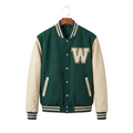 Green Varsity Jacket Wool Body Leather Sleeves Letter W Patch Letterman Bomber Jacket