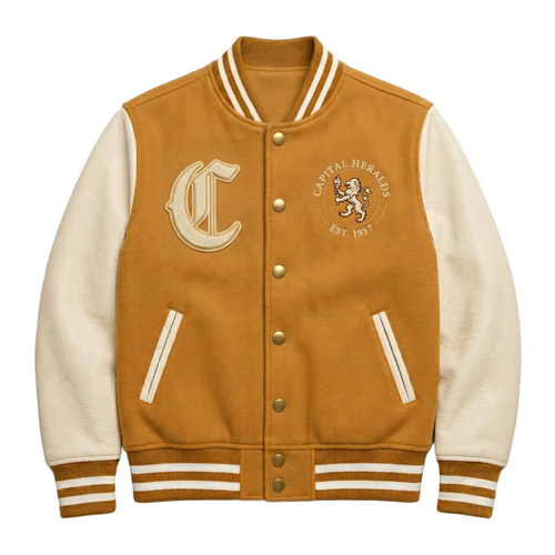 Camel Wool Varsity Jacket, Cream Leather Sleeves Letterman Jacket, Capital Heralds