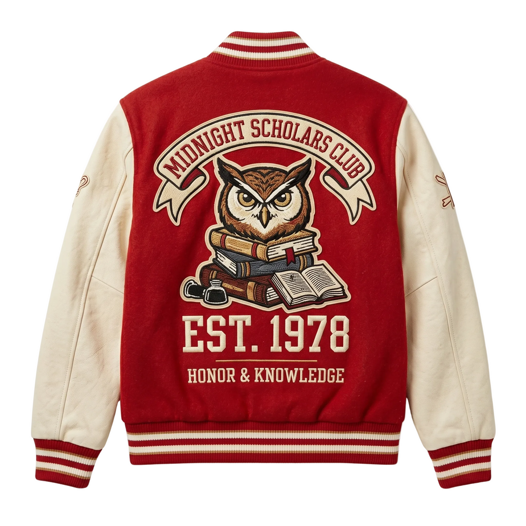 Red Varsity Jacket, Wool Blend Cream Leather Sleeve Letterman Jacket
