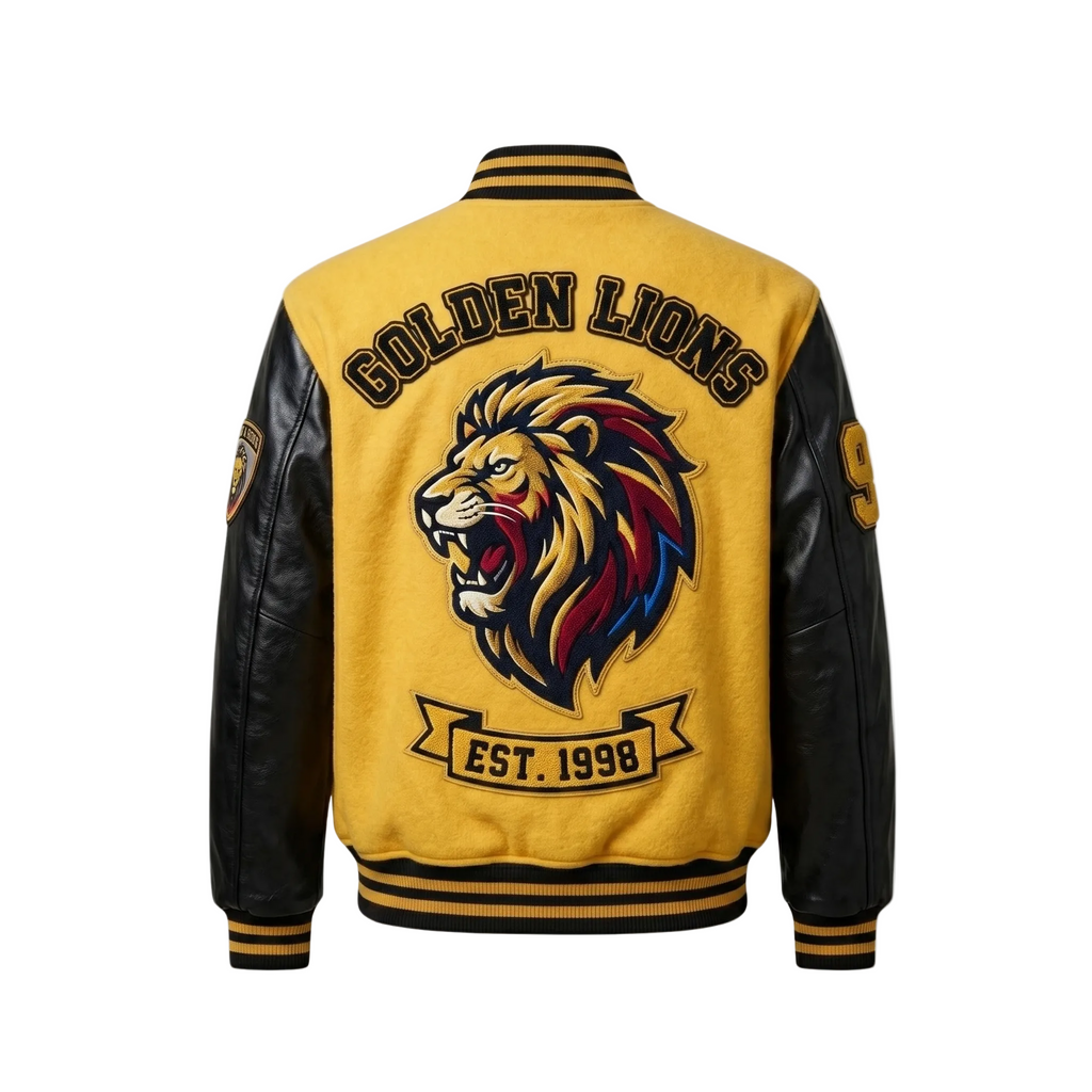 Yellow and Black Varsity Jacket, Wool Blend Leather Sleeve Letterman Jacket, Golden Lions Embroidered Bomber Jacket XS to 5XL