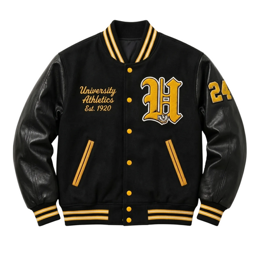 Black Wool Varsity Jacket, Black Leather Sleeves Letterman Jacket