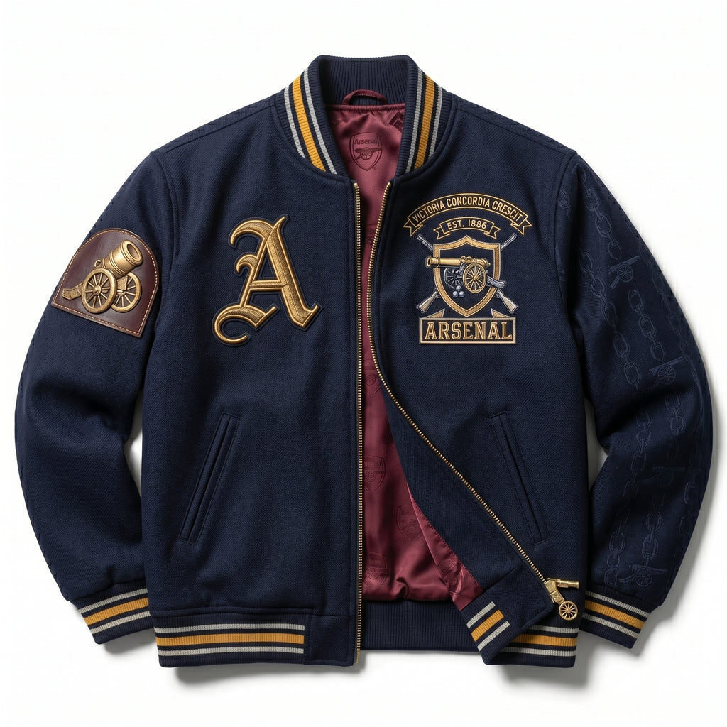 Arsenal Navy Gold Varsity Jacket | Custom Bomber Streetwear (Victoria Concordia Crescit)