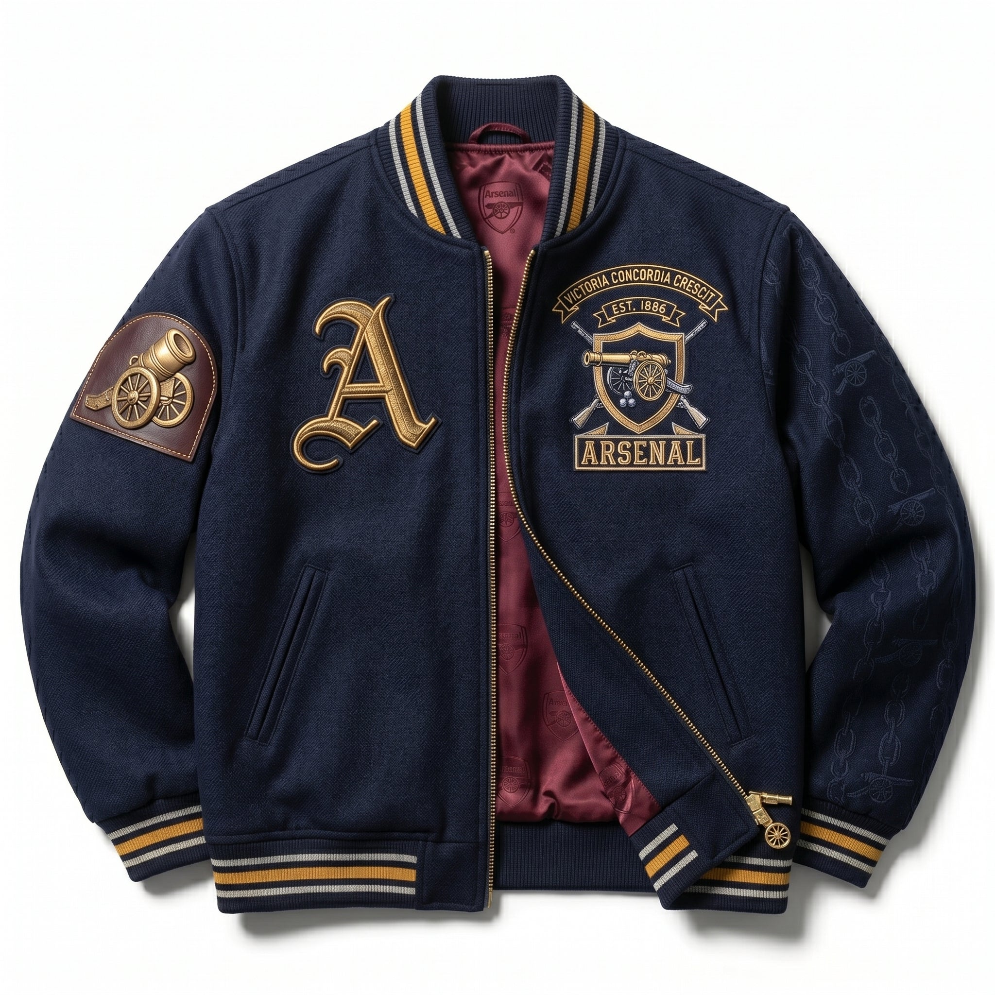 Arsenal Navy Gold Varsity Jacket | Custom Bomber Streetwear (Victoria Concordia Crescit)