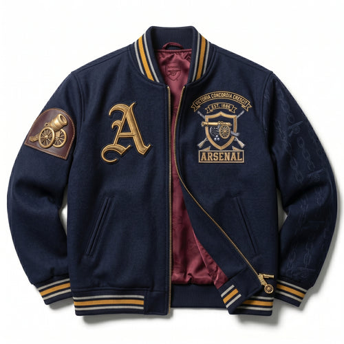 Arsenal Navy Gold Varsity Jacket | Custom Bomber Streetwear (Victoria Concordia Crescit)