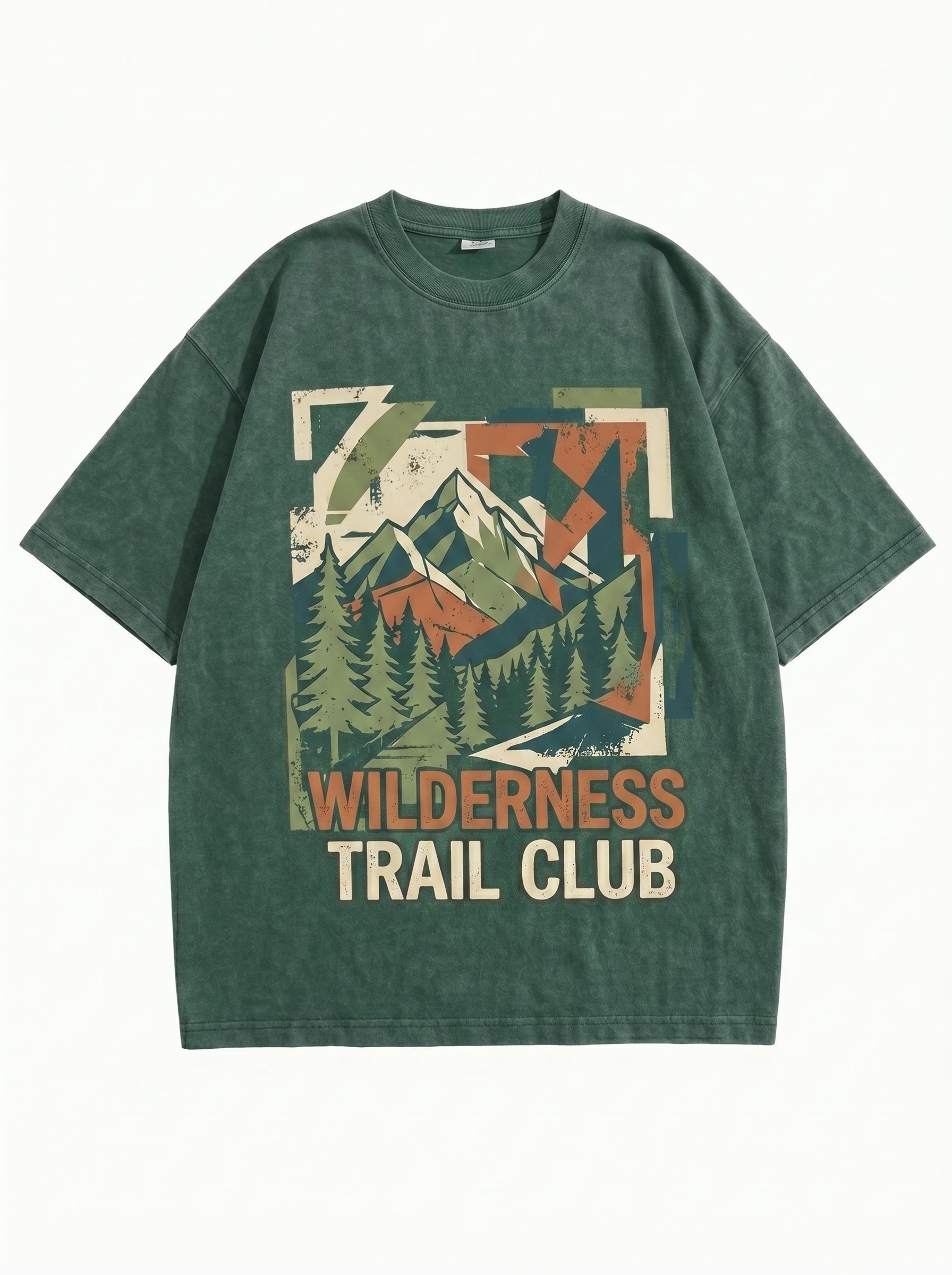 Vintage Wash "Wilderness Trail Club" Oversized Graphic Tee - Forest Green