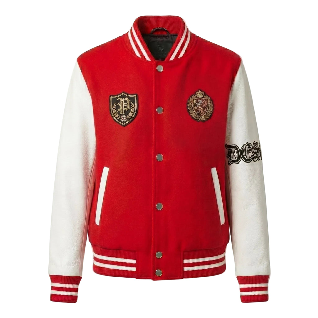 Red Wool & White Leather Varsity Jacket - Collegiate Letterman Bomber
