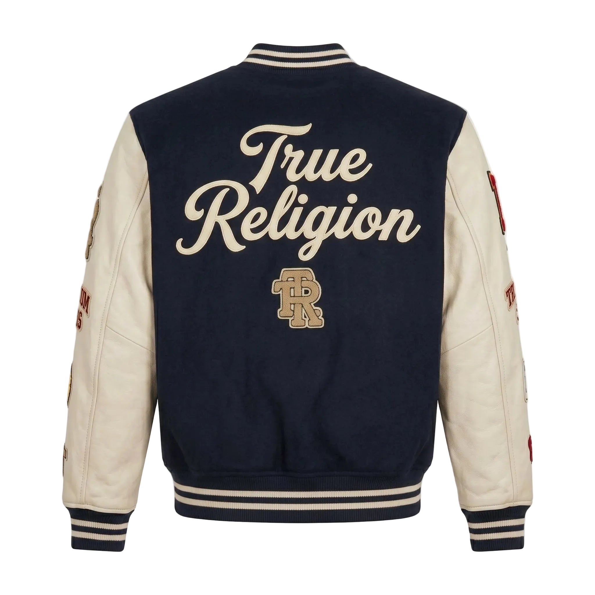 Navy Wool & Cream Leather Varsity Jacket - Embroidered Heritage Letterman Bomber