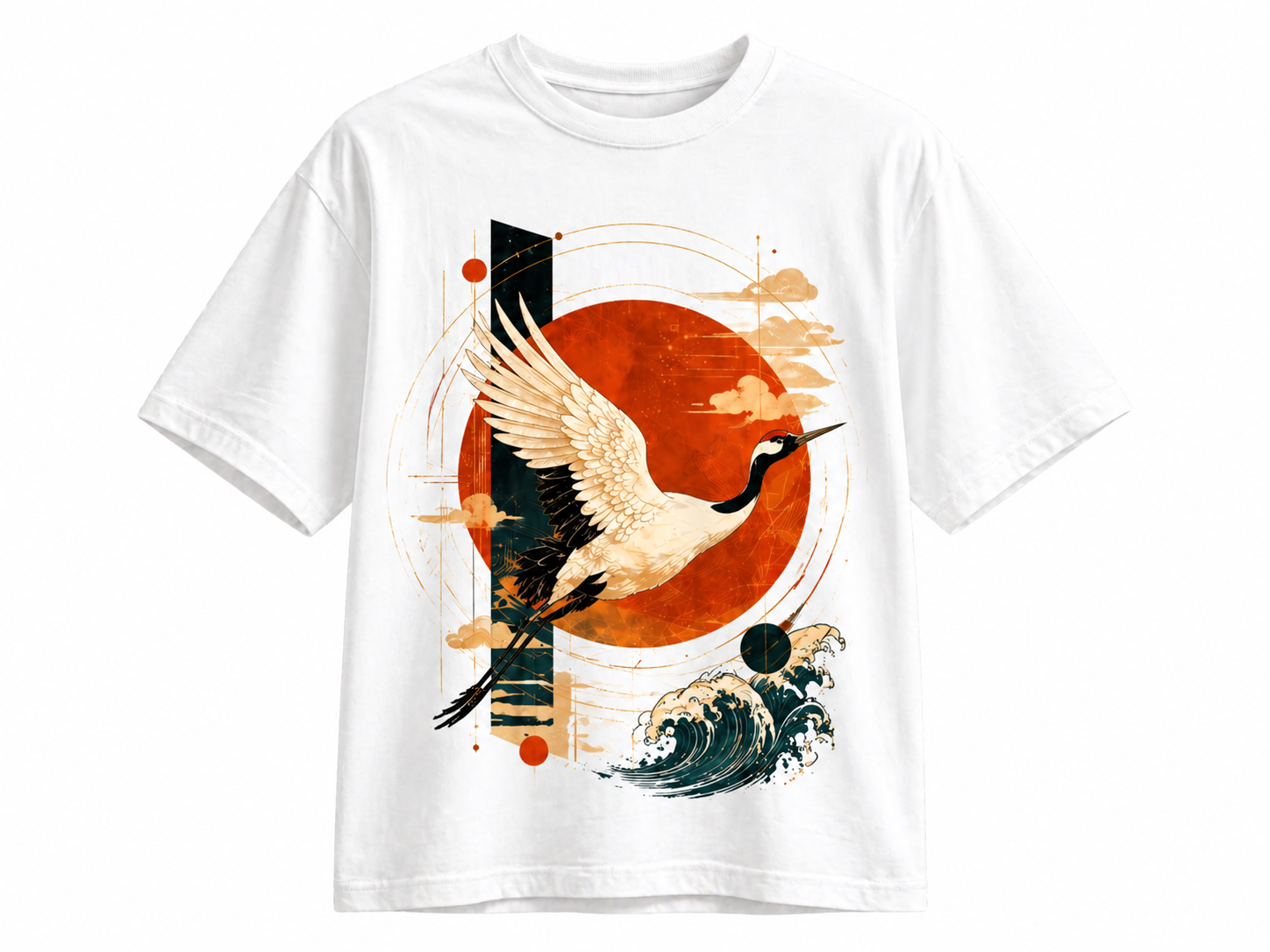 Japanese Crane T-Shirt – Red Sun Wave Graphic Tee | Aesthetic Streetwear Unisex Shirt