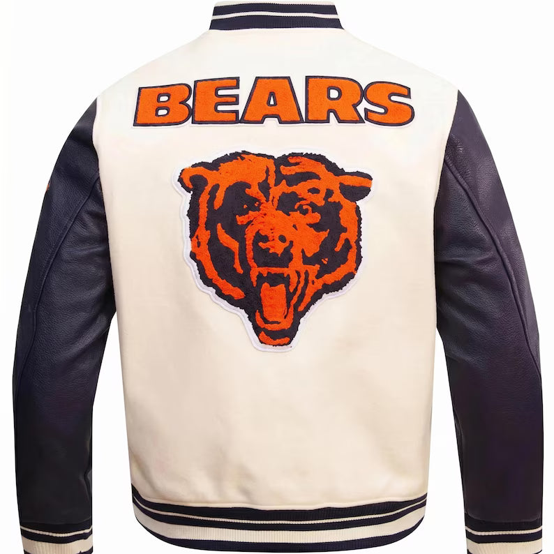 Chicago Bears Varsity Jacket - Cream and Navy Blue Letterman Jacket - Full Embroidery Bear