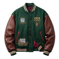 Vintage Varsity Jacket Green Wool Brown Leather Sleeves, Polar Guild Embroidered Letterman Jacket