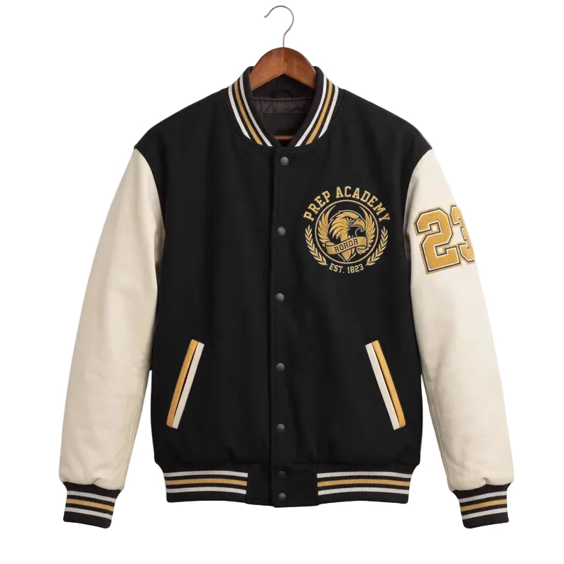 Custom Varsity Jacket Wool Body Leather Sleeves Letterman Bomber Jacket Embroidered Prep Academy Eagles