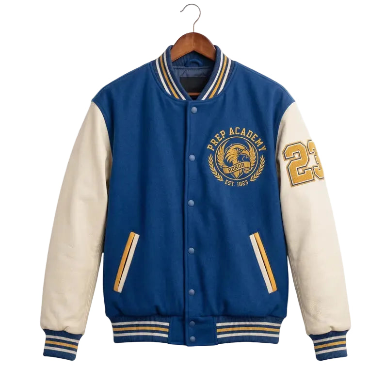 Blue Varsity Jacket Wool Body Leather Sleeves Prep Academy Eagles Letterman Bomber Jacket