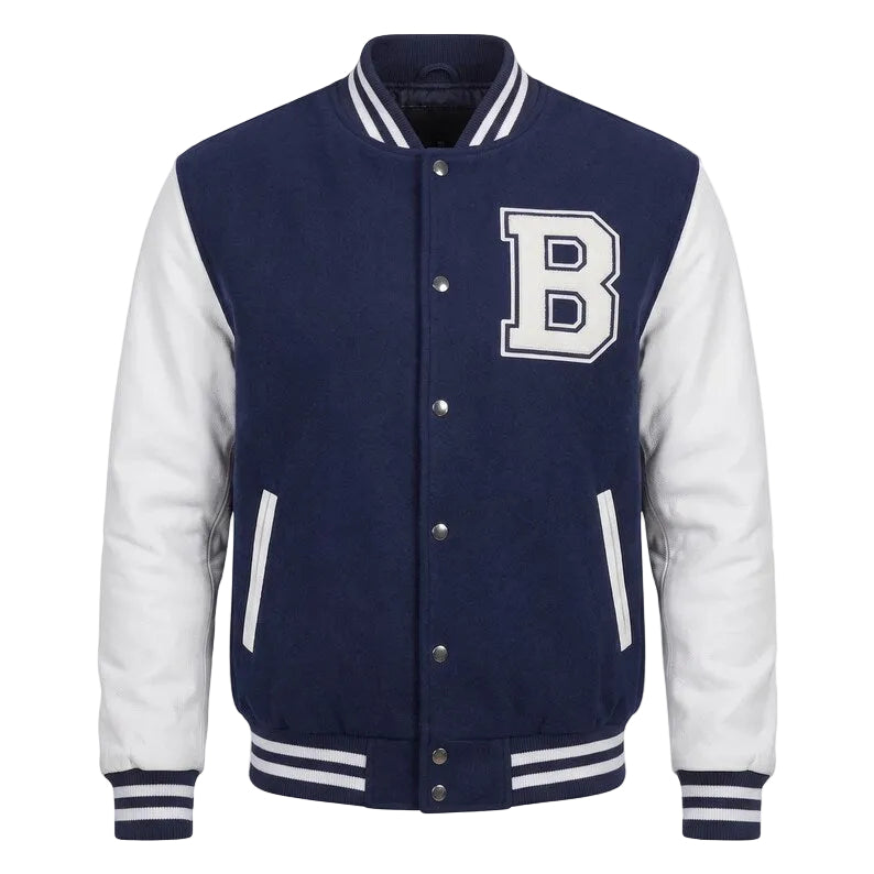Navy Blue Varsity Jacket Wool Body Leather Sleeves Letter B Patch Letterman Bomber Jacket