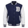 Navy Blue Varsity Jacket Wool Body Leather Sleeves Letter B Patch Letterman Bomber Jacket