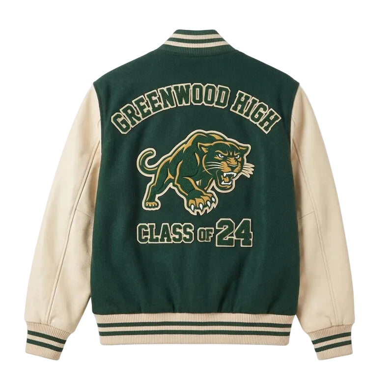 Green Varsity Jacket Wool Body Leather Sleeves Greenwood High Panther Letterman Bomber