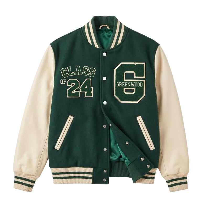 Green Varsity Jacket Wool Body Leather Sleeves Greenwood High Panther Letterman Bomber