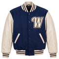 Custom Varsity Letterman Jacket Navy Blue Wool Body Cream Leather Sleeves Letter W Patch