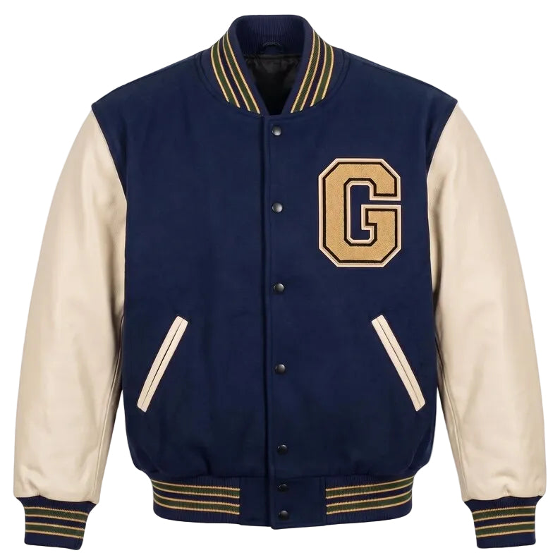 Custom Varsity Letterman Jacket Navy Wool Body Cream Leather Sleeves Greenfield Academy