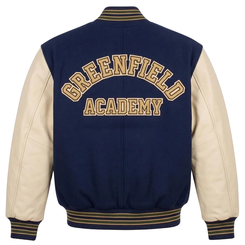 Custom Varsity Letterman Jacket Navy Wool Body Cream Leather Sleeves Greenfield Academy