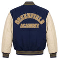 Custom Varsity Letterman Jacket Navy Wool Body Cream Leather Sleeves Greenfield Academy