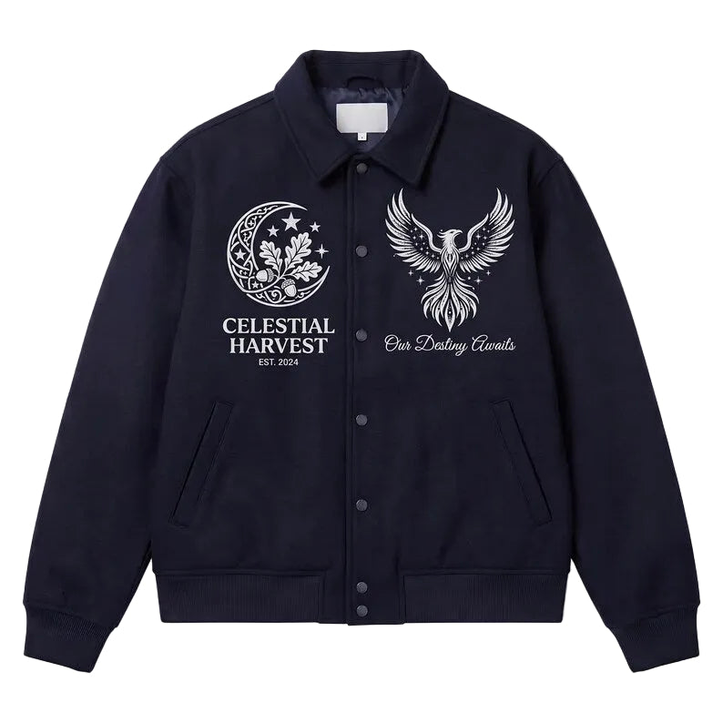 Celestial Harvest Navy Wool Bomber Jacket Phoenix Embroidered Collared Varsity Jacket