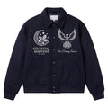 Celestial Harvest Navy Wool Bomber Jacket Phoenix Embroidered Collared Varsity Jacket