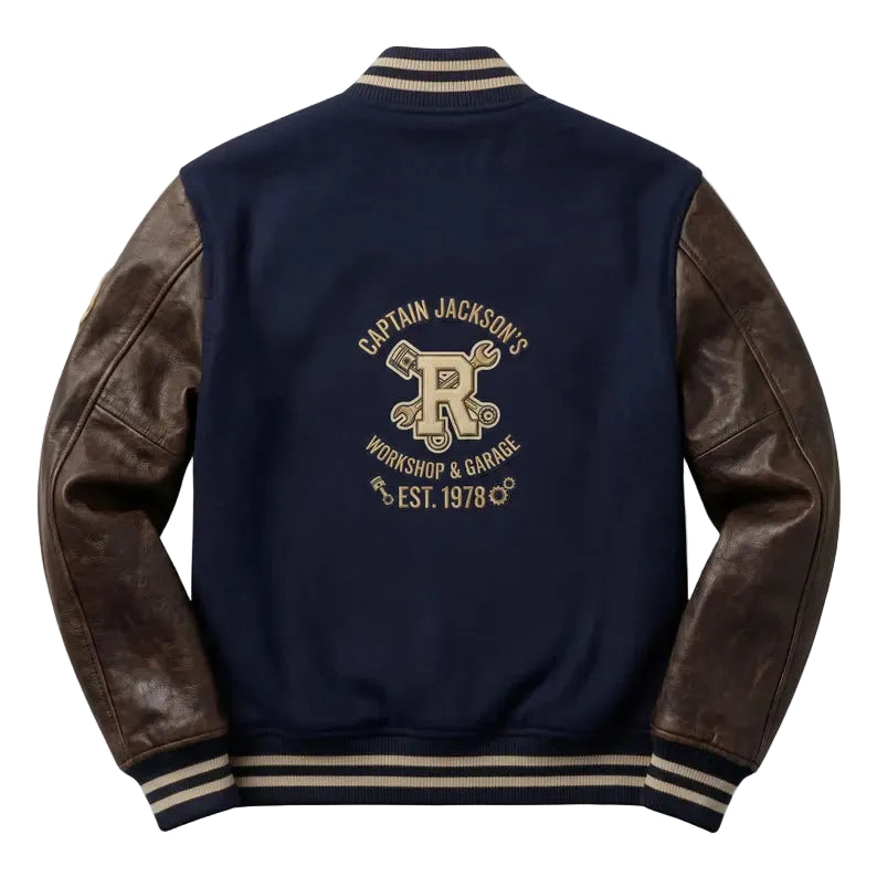 Custom Embroidered Workshop Varsity Jacket, Captain Jackson Garage Letterman Jacket, Leather Sleeves