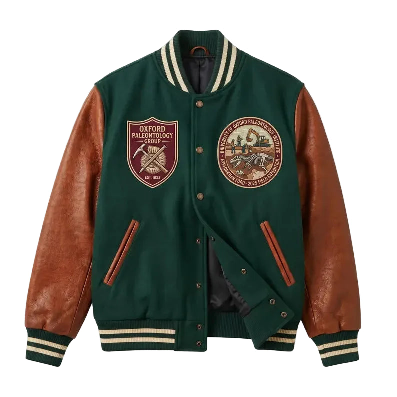 Custom Oxford Paleontology Forest Green Varsity Jacket, Leather Sleeves Field Expedition Letterman Jacket
