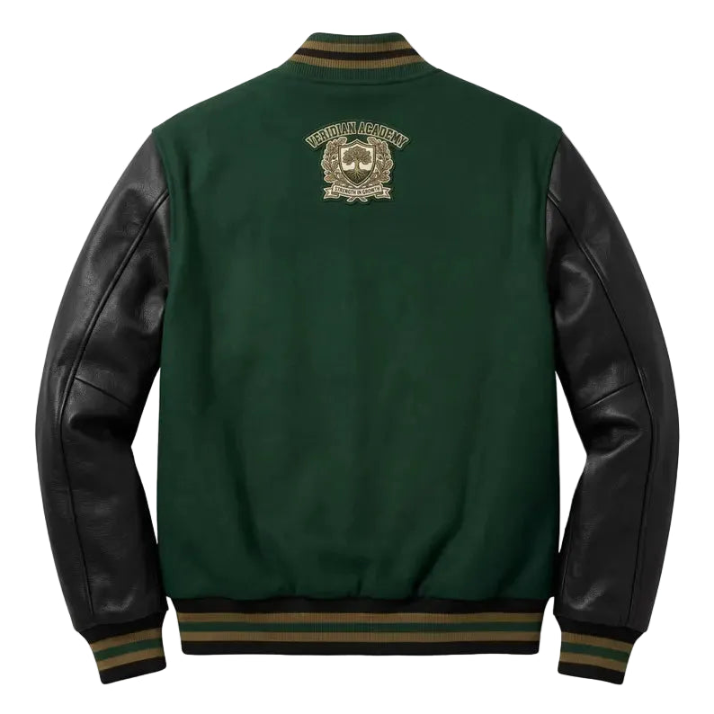 Custom Letterman Varsity Jacket Leather Sleeves Veridian Academy Crest Patch Wool Body