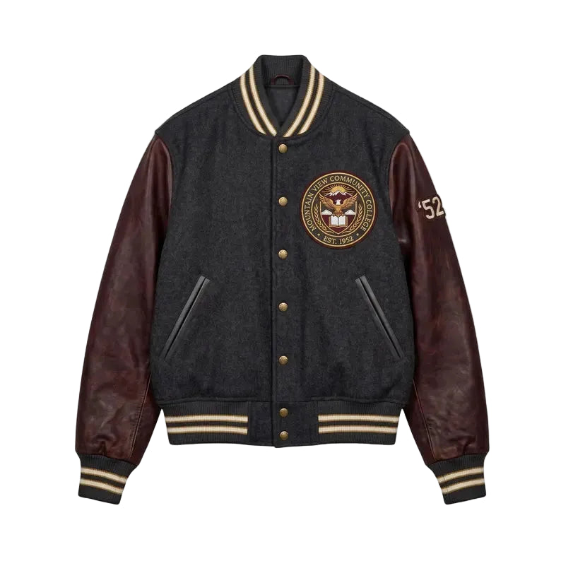 Custom Eagle Crest Varsity Jacket Brown Leather Sleeves Wool Letterman Coat Mountain