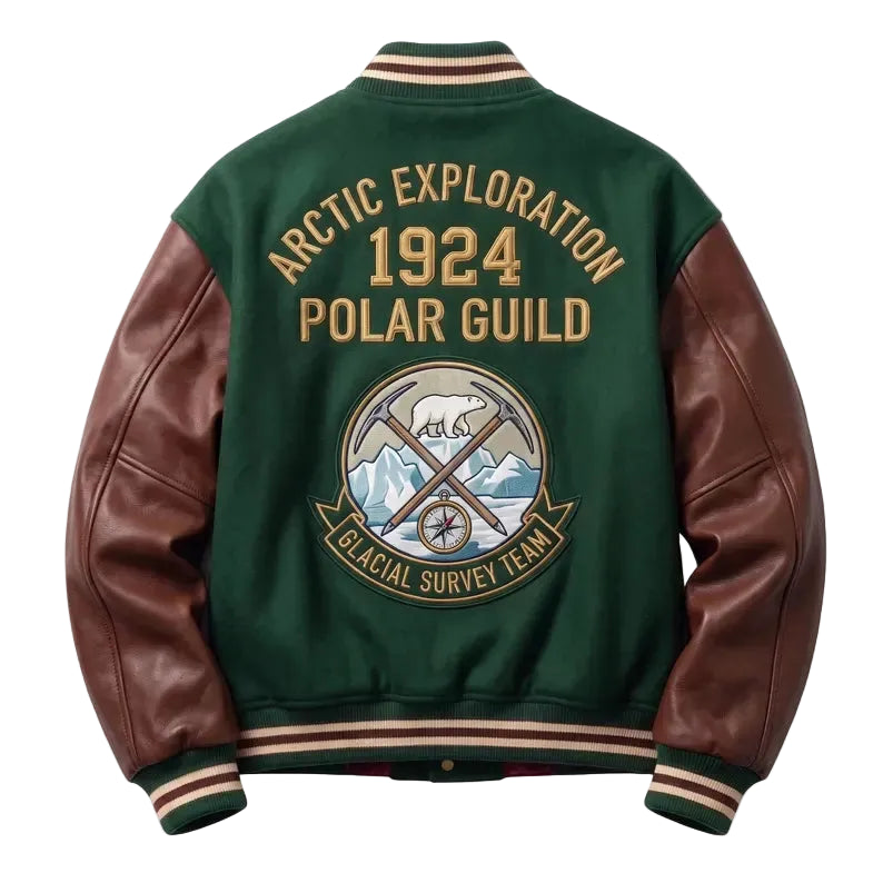Vintage Varsity Jacket Green Wool Brown Leather Sleeves, Polar Guild Embroidered Letterman Jacket