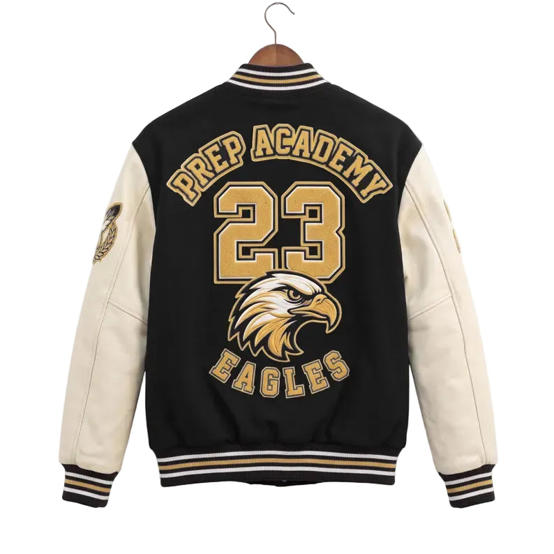 Custom Varsity Jacket Wool Body Leather Sleeves Letterman Bomber Jacket Embroidered Prep Academy Eagles